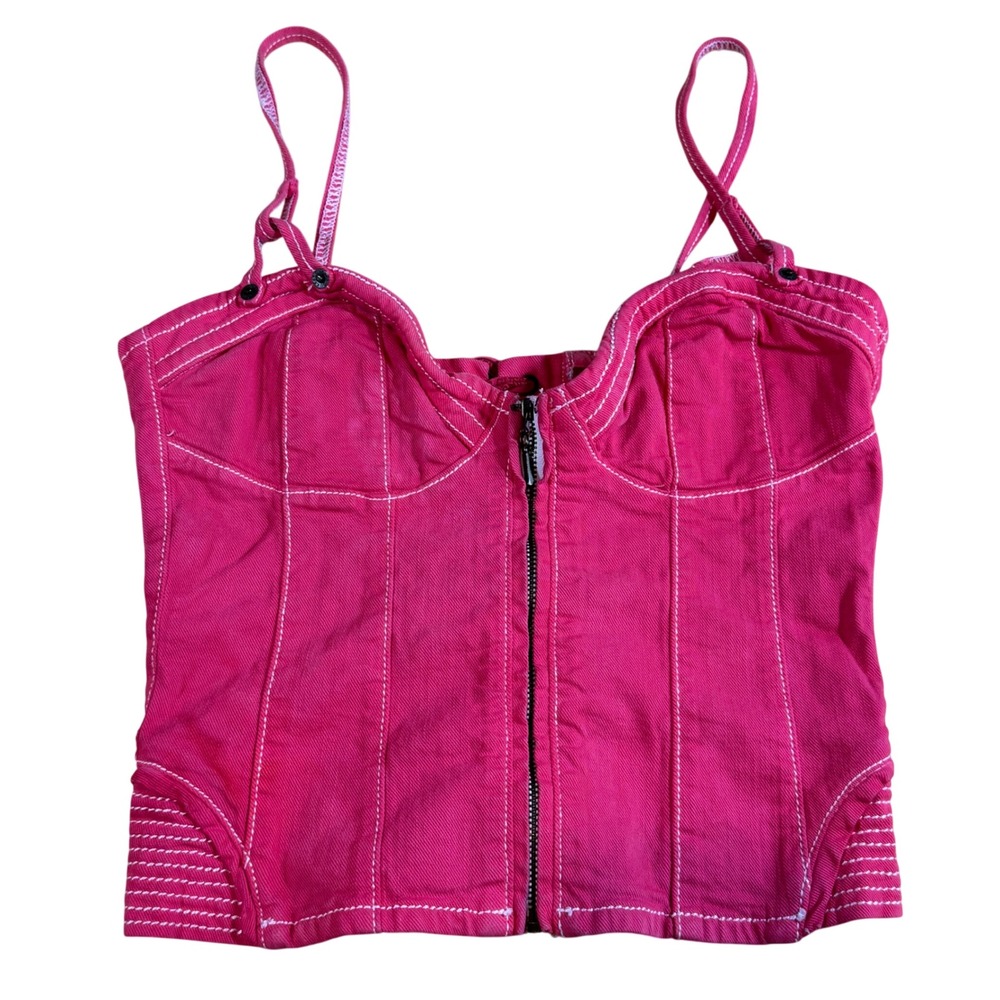 Y2K Guess Premium Pink Denim Corset Top Zip Front Lace Up Back M Vintage Fairy